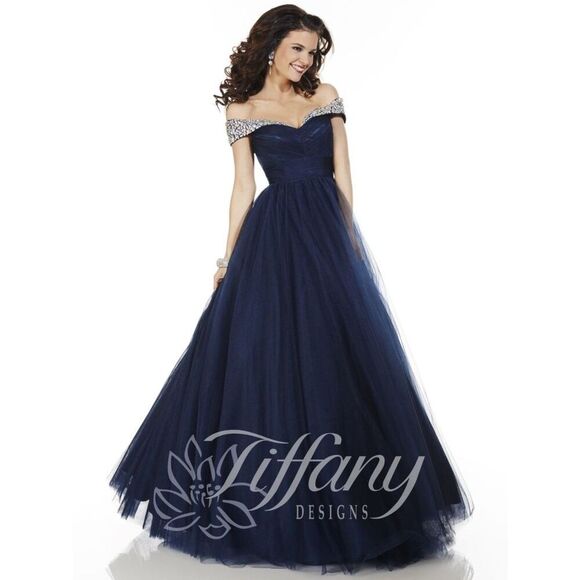 Tiffany Designs Dresses & Skirts - Tiffany Designs Navy Prom Dress Off Shoulder Size 8